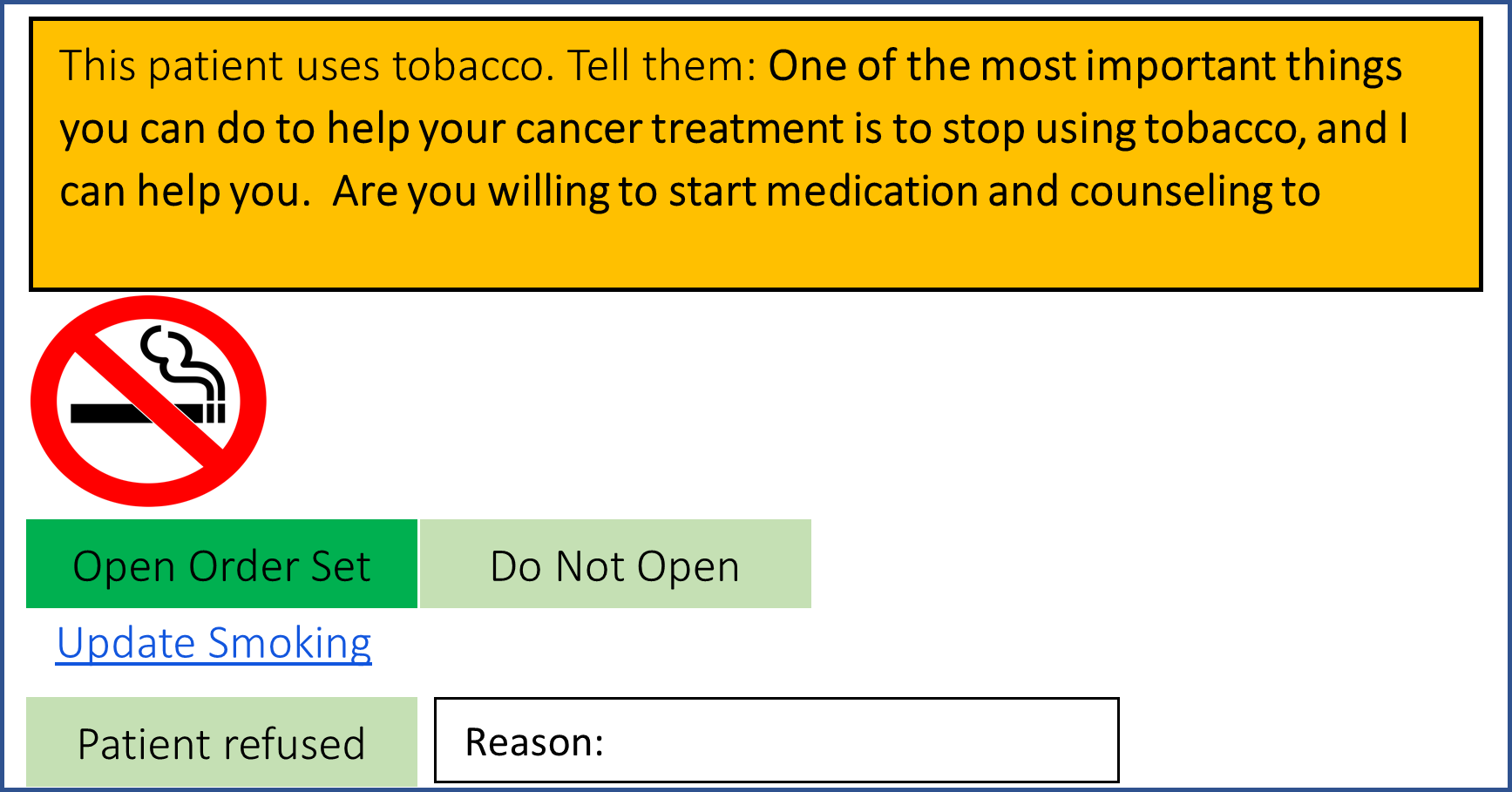 Oncology EHR tobacco prompt screenshot